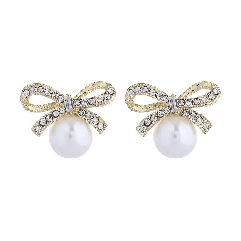 简约珍珠蝴蝶结耳环女高级感百搭 珍珠耳环女甜美气质百搭耳钉耳 (1) Pearl bow-shaped earrings - 图片 1